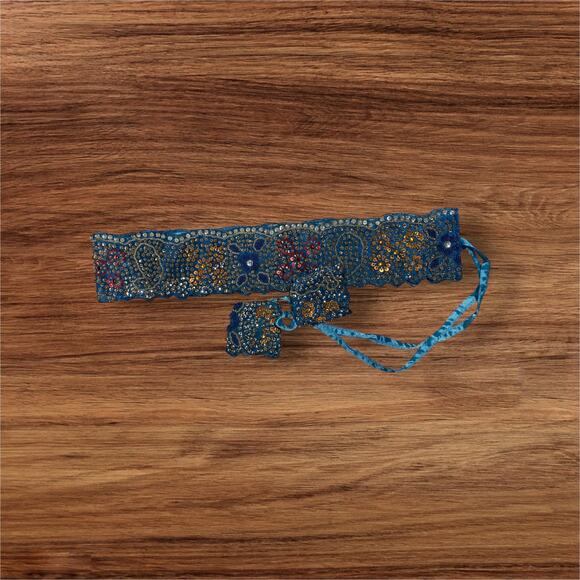 New Baba Clothing Los Angeles Blue Gold Beaded Sequined Women's tie Belt India - Picture 4 of 4